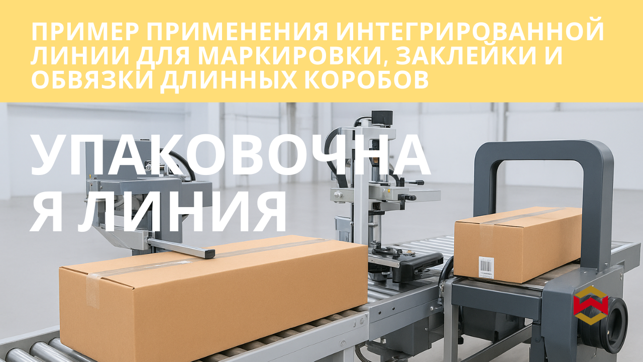 Пример применения интегрированной линии для маркировки, заклейки и обвязки длинных коробов